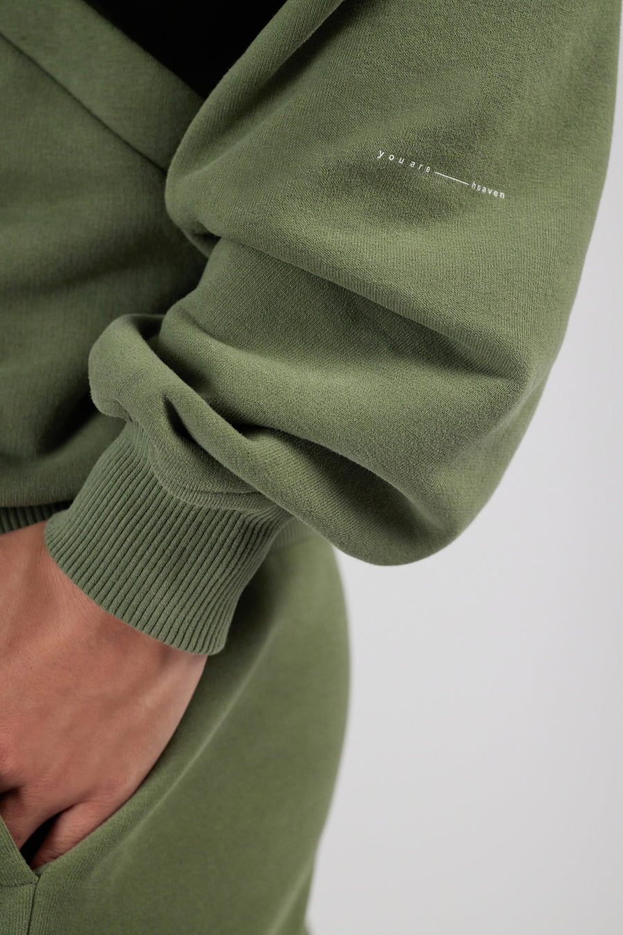 Printed Wording Detail on an oversized jacket  in color sage green